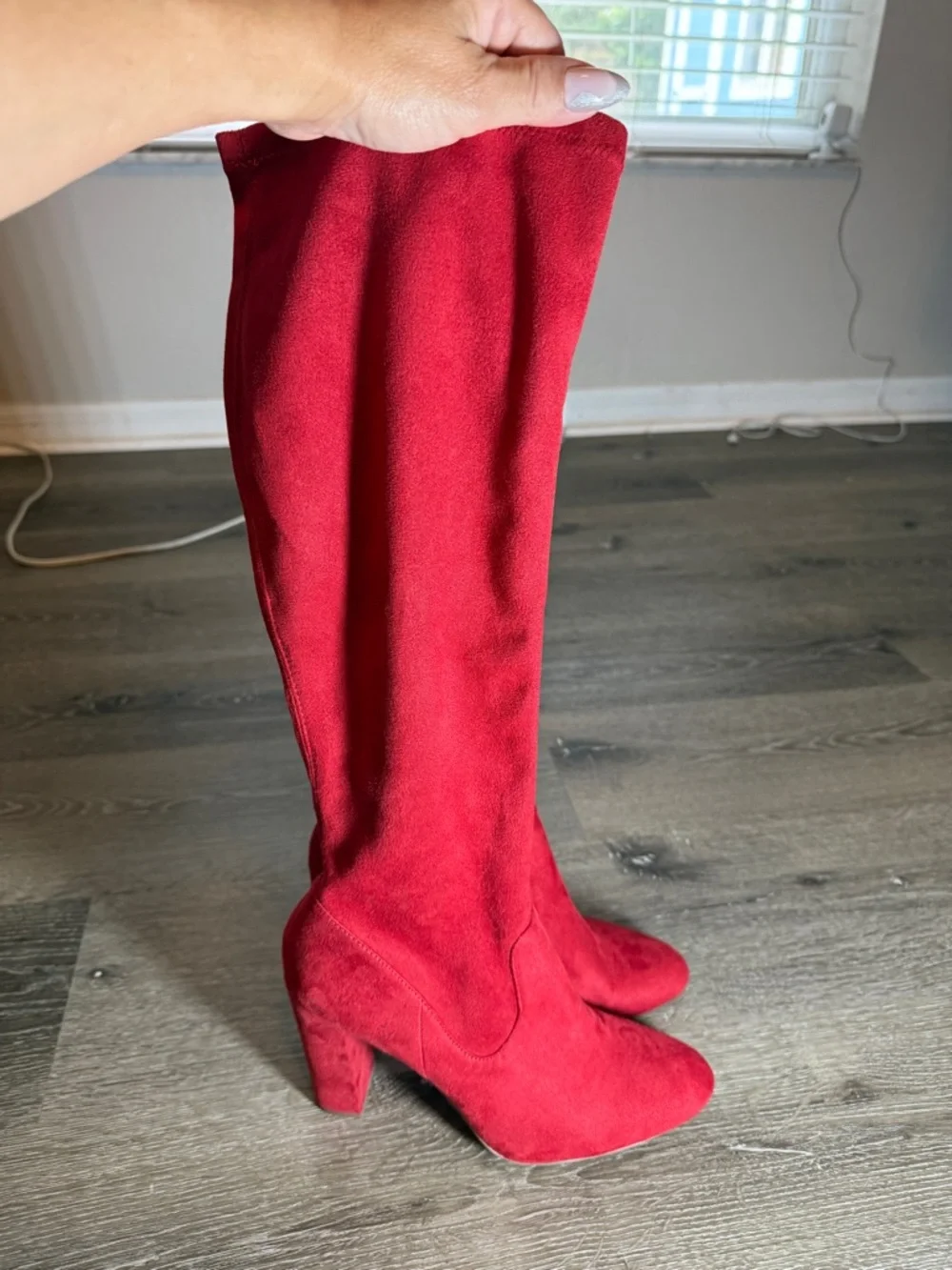 Red Faux Suede Knee High Boots SZ 9 Heart In D Block Heel Night Out Go Go Winter